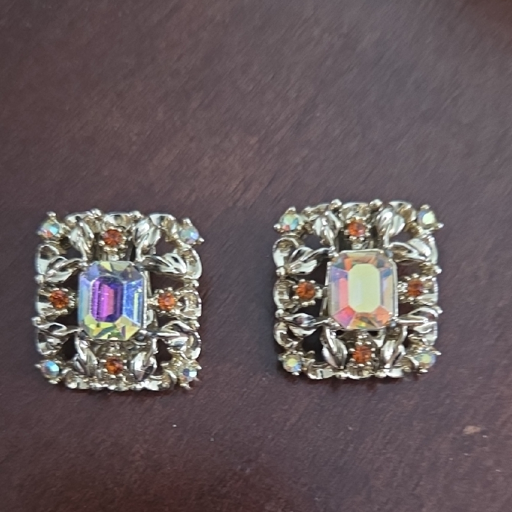 Elegant, Vintage, Gold With Iridescent and Orange Crystal Clip On Earrings